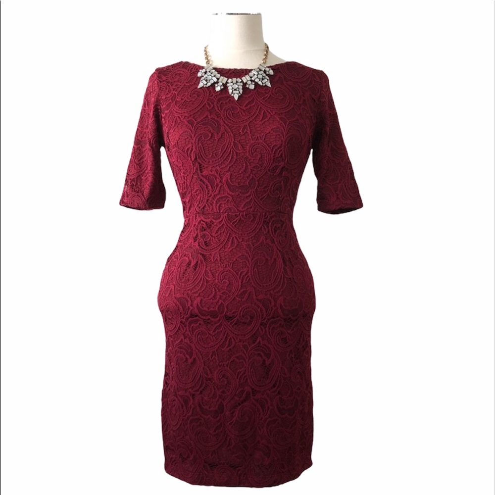YELLOW BERRY Women’s Maroon Deep Red Lace Dress Size XS 3/4 Sleeve